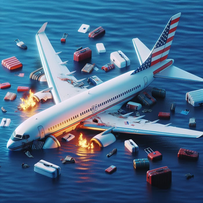 Hyperrealistic Art of White Plane Crash in USA Flag Ocean