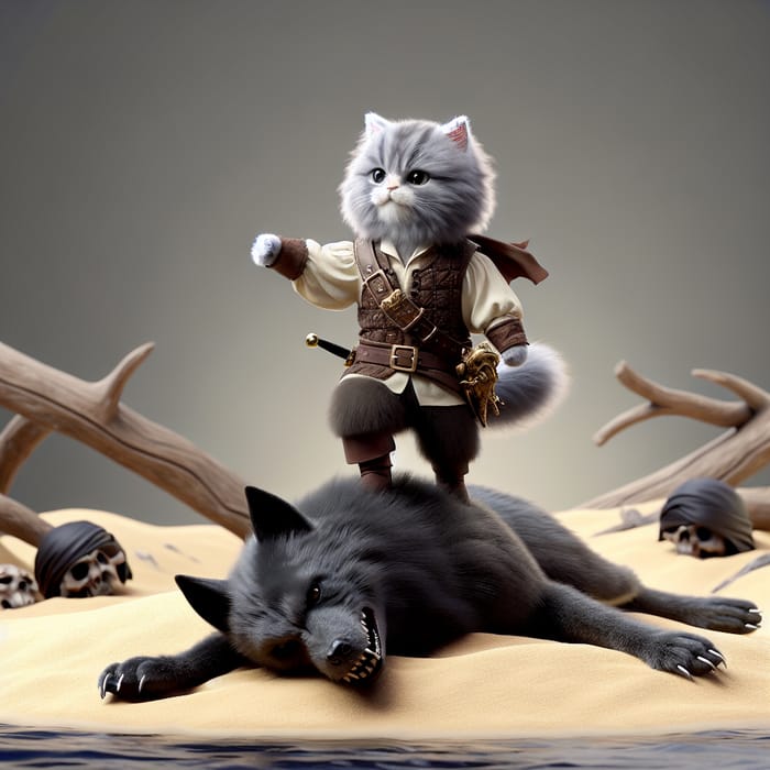 Epic Battle: Grey Cat Pirate Triumphs Over Sinister Wolf Pirate on Desert Island