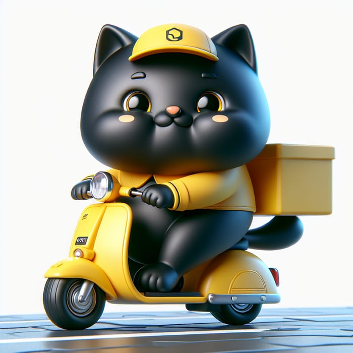 Plump Cartoon Black Cat Riding Yellow Moped - Hyperrealist Art