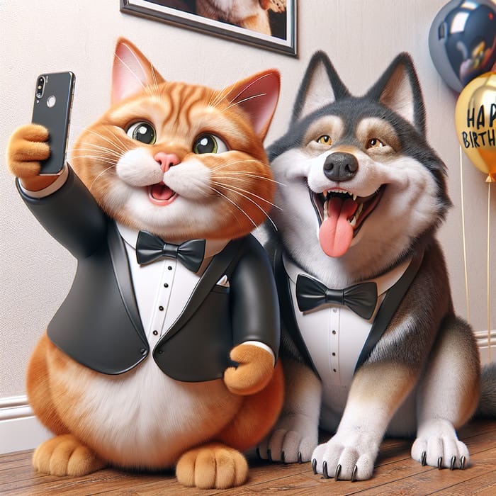 Realistic Cartoon Rendition: Chubby British Cat, Wolf Selfie & Birthday Balloons