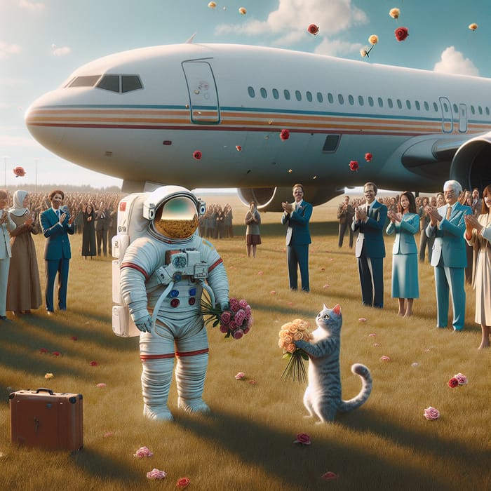 Astronaut Cat Welcomed with Roses by Enthusiastic Crowd
