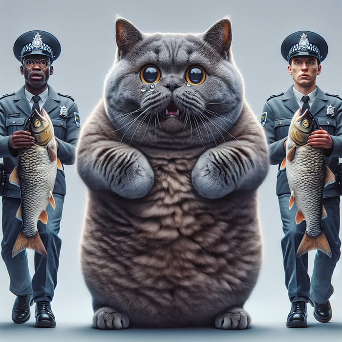 Arrested: Plump British Shorthair Cat with Huge Fish, Police Officers Watching