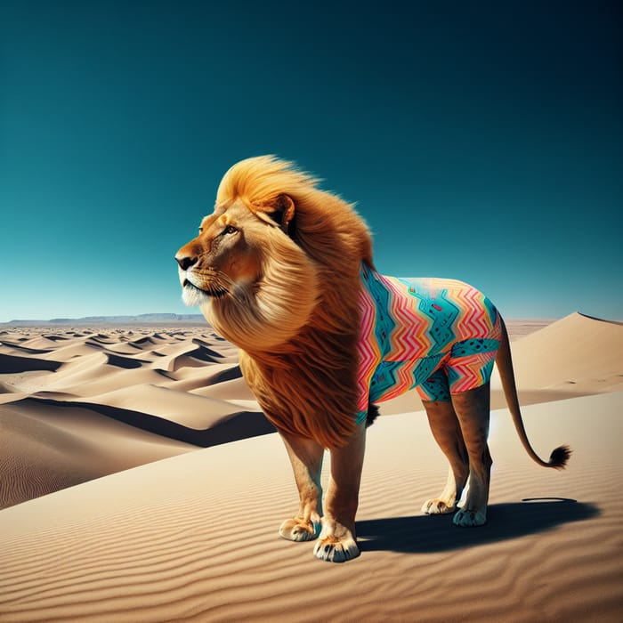 Colorful Swimsuit Lion in Desert: Stylish Fashion Icon
