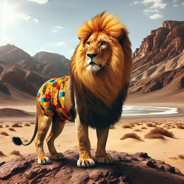 Lion in Swimwear Stands Out in Desert