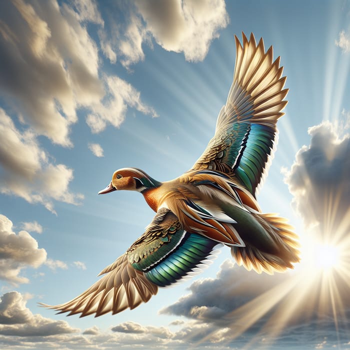 Majestic Flying Duck in Clear Blue Sky