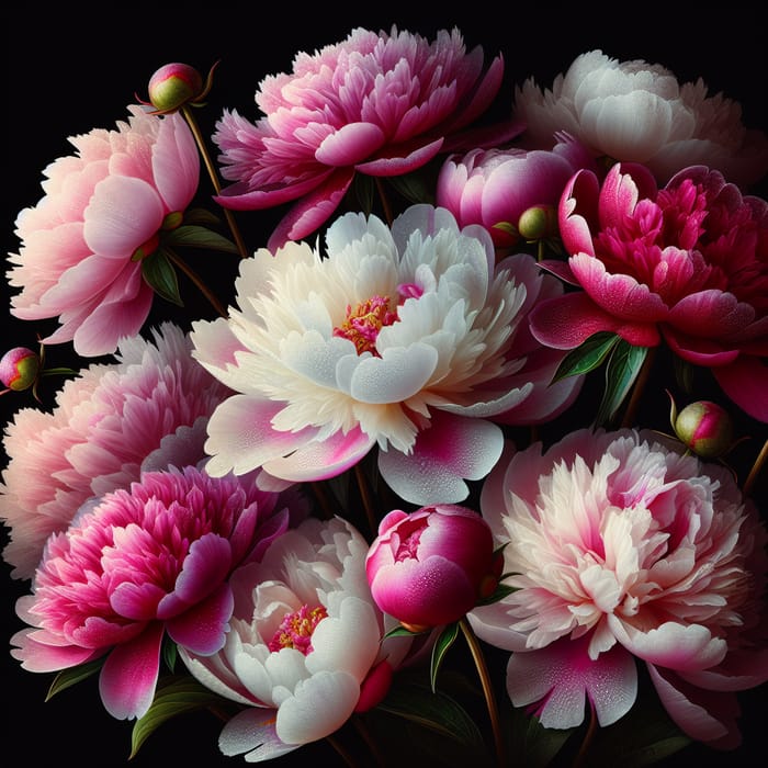 Peonies on Black Background | Blooming Beauty in Pink and White