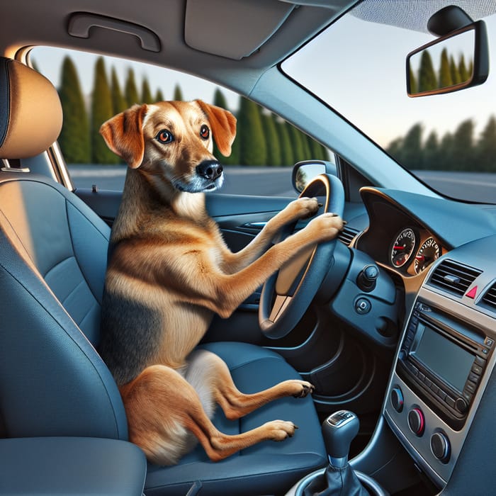 Realistic Dog Driving Car | Mischievous Sparkle, Blue Dashboard