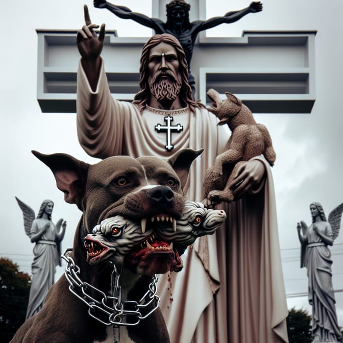 Jesus Holding Pit Bull with Devil in Mouth