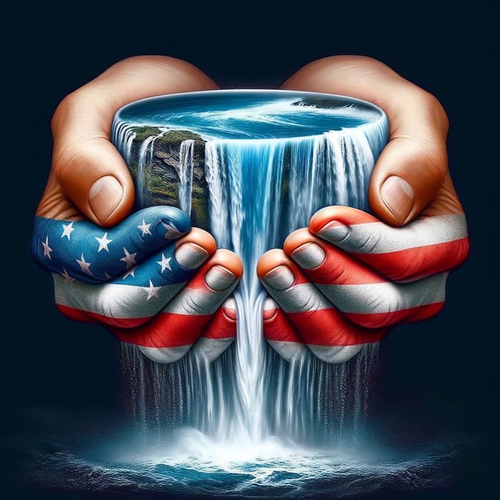 Captivating Waterfall in Cupped Hands with American Flag Pattern