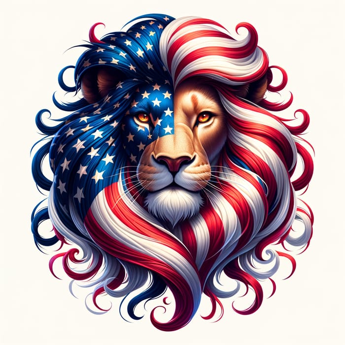 Whimsical and Fierce Lion with American Flag Mane - Symbol of Strength