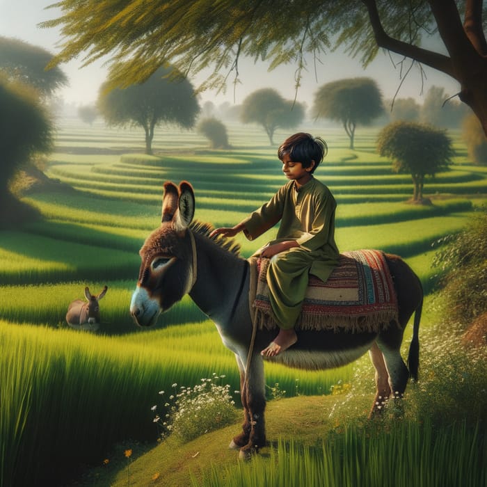 Indian Boy Seated on Donkey in Picturesque Village Field
