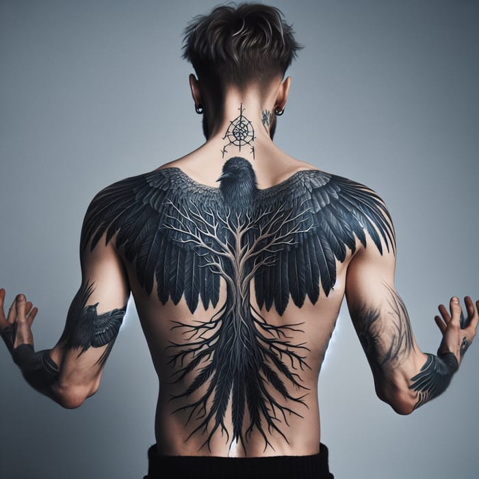 Man with Raven Feather and Yggdrasil Tattoos in Norse Mythology