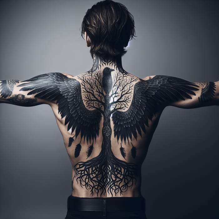 Nordic Tattooed Man: Yggdrasil Wings & Raven Feathers