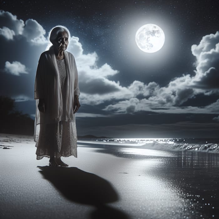 Elderly Lady on Night Beach | Eery Scene Captured