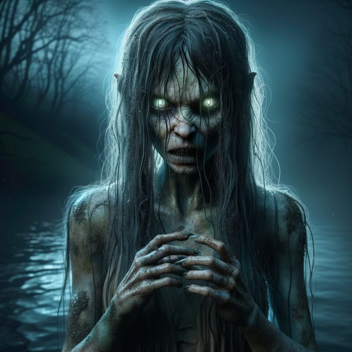 Eerie Rusalka: Mythical Female Figure by Dark River at Night
