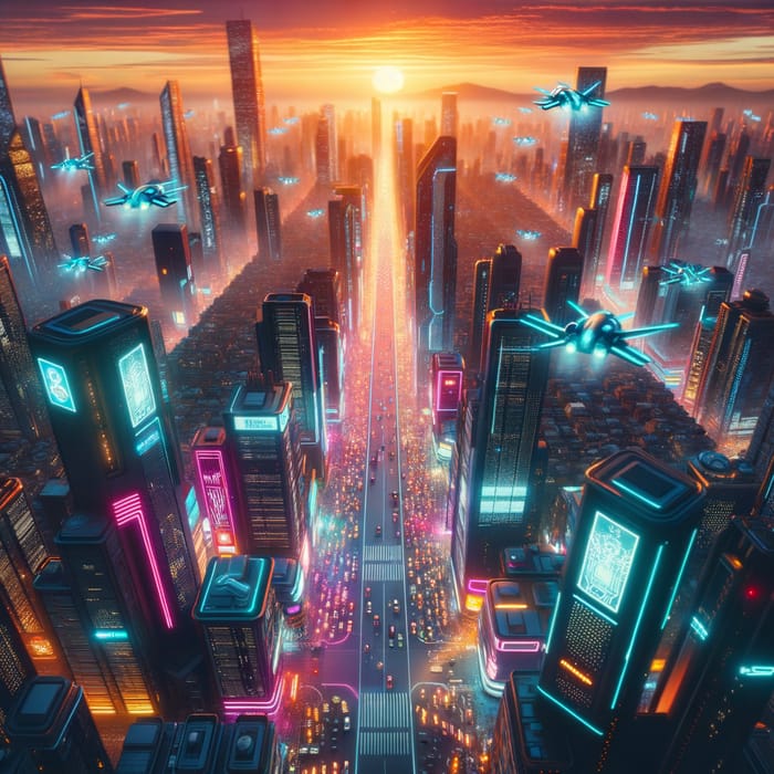 Bustling Cyberpunk Sunset Cityscape | Neon Lights & Drones