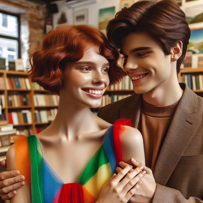 Deeply in Love: Red-Haired Woman & Brunette Man | Quaint Bookstore Romance