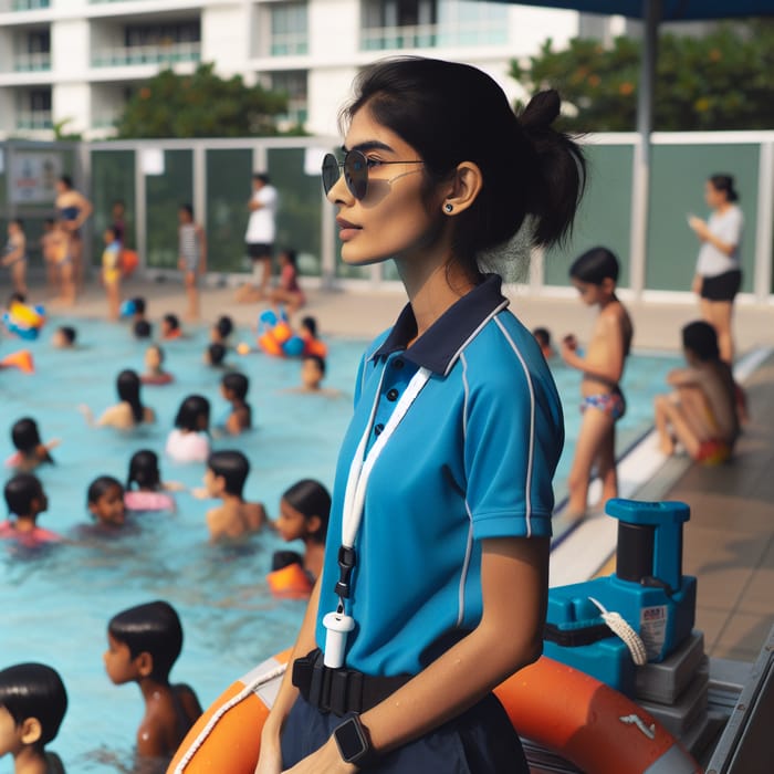 South Asian Female Aquatic Supervisor in Pool Safety Role