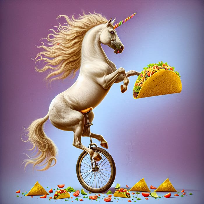Unicorn Eating Tacos on Unicycle - Magical and Delicious Scene