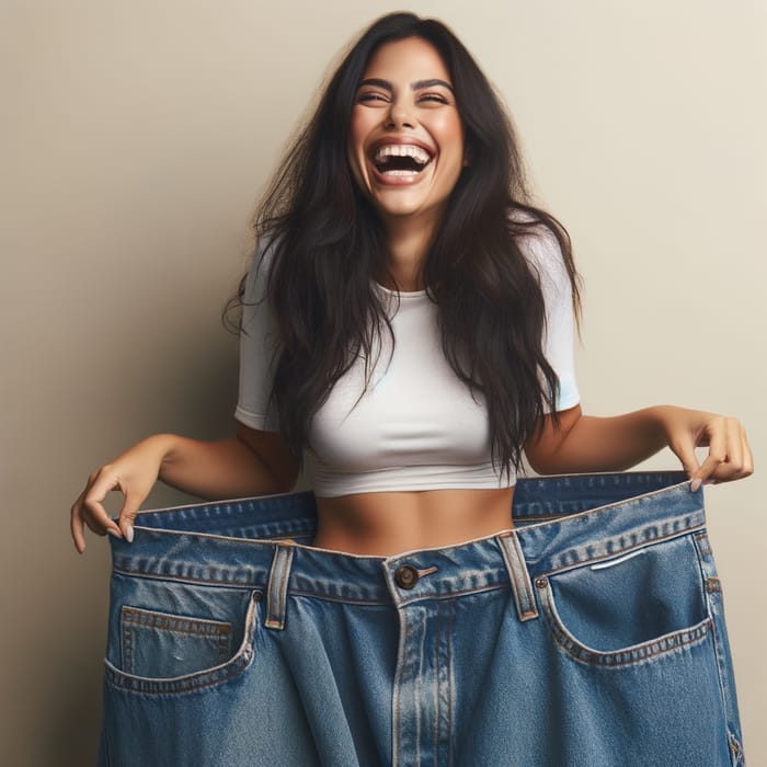 Laughing Woman in Oversized Jeans | Joyful & Standing