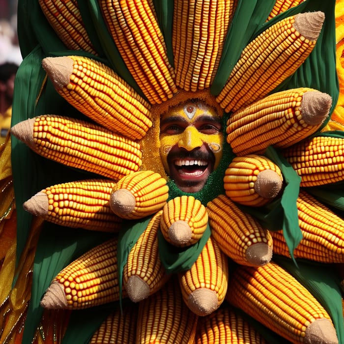Festive South Asian Man in Detailed Corn Costume