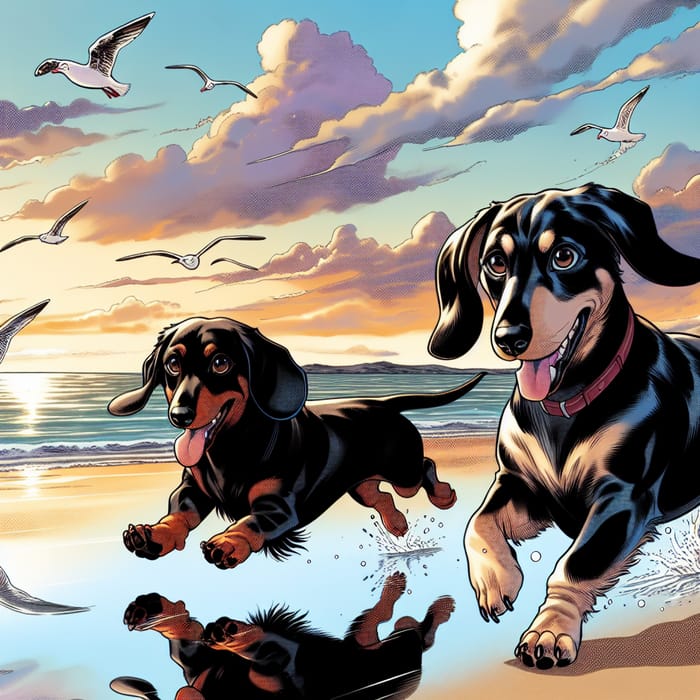 Anime Style Two Sausage Dogs Running on Beach