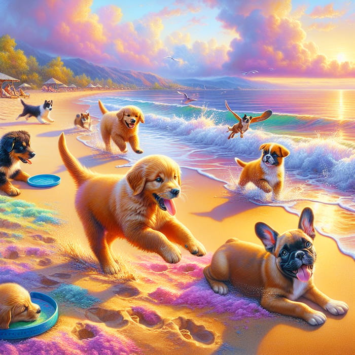 Playful Puppies on Seaside: Joyful Frolics in Soft Pastel Sunset