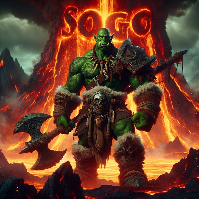 Muscular Orc Warrior in Front of Volcanic Background - Anime Style Art