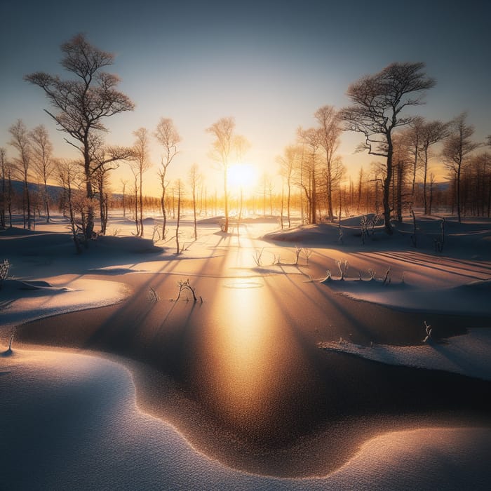 Golden Sunset Reflection on Ice-Covered Lake