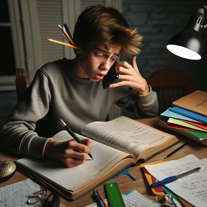 A Boy Multitasking With Homework and Phone Call