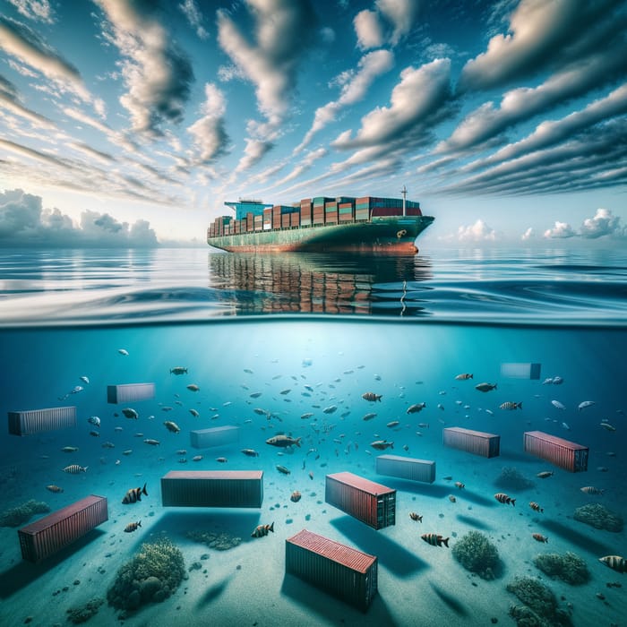 Expansive Calm Ocean Scene with Container Ship and Falling Containers