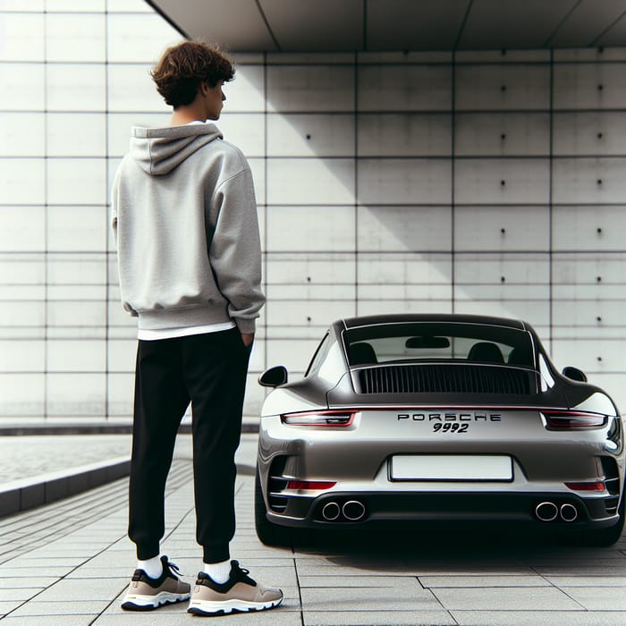 Porsche 911 992 Back View with Casual Young Man