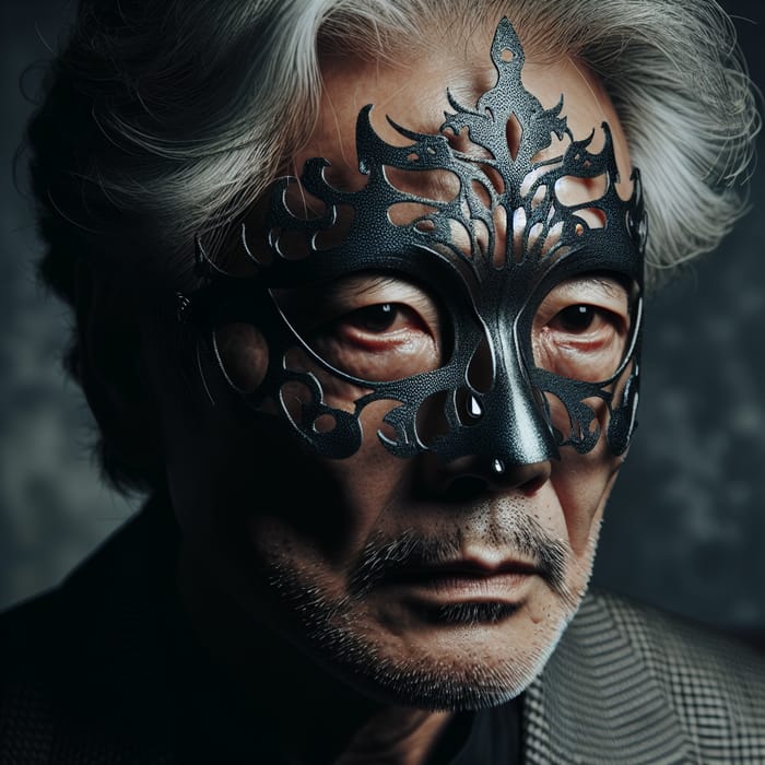 Emotionally Charged Asian Man Concealed Behind Detailed Mask in Dimly Lit Room