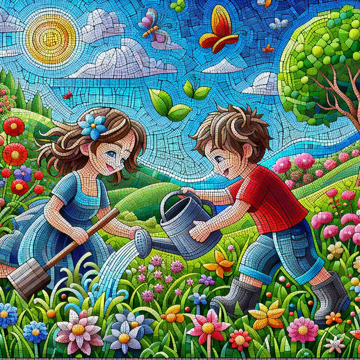 Colorful Mosaic Cartoon Garden Scene