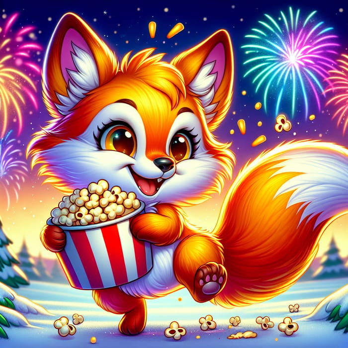 Cute Fox Enjoying New Year with Popcorn