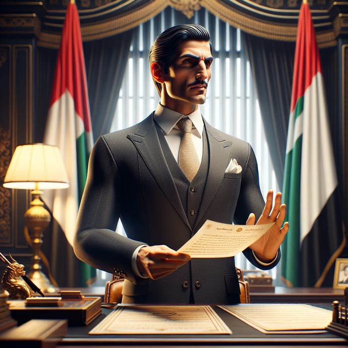 Middle-Aged Influential Arab Politician Speech In Lavish Office Setting