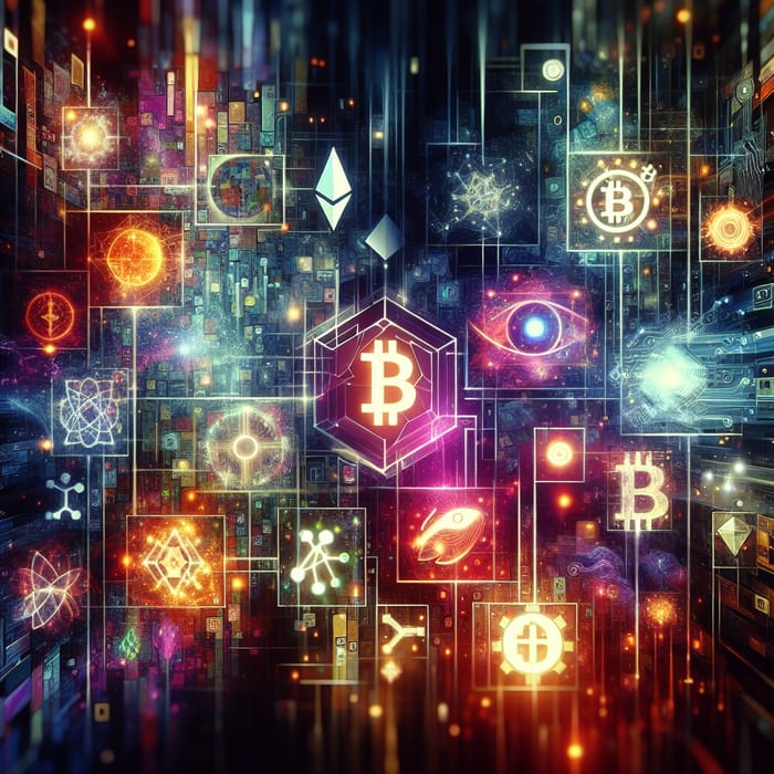 Digital Collage: Cryptocurrency Symbols & Futuristic Neon Lights