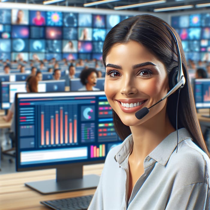 Hyper-Realistic UHD Image of Smiling Latina Woman at Call Center Surrounded by Monitors