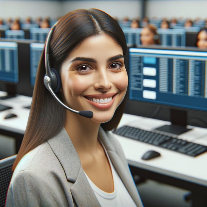 Hyperrealistic Latina Woman Smiling in Call Center Setting