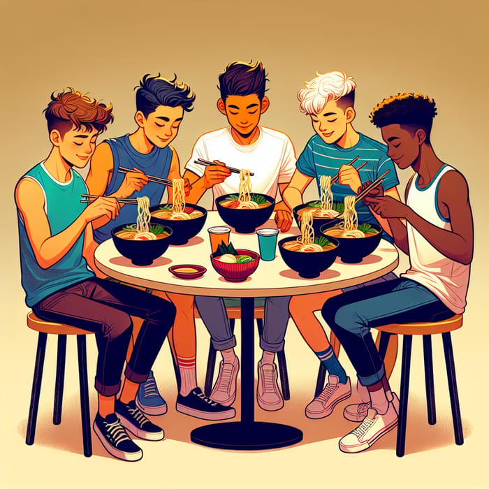 Vibrant Youths Enjoying Ramen at a Casual Dining Scene