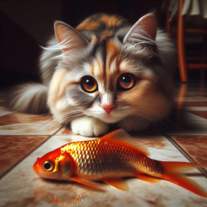Playful Cat Anticipating Vibrant Orange Goldfish Feast