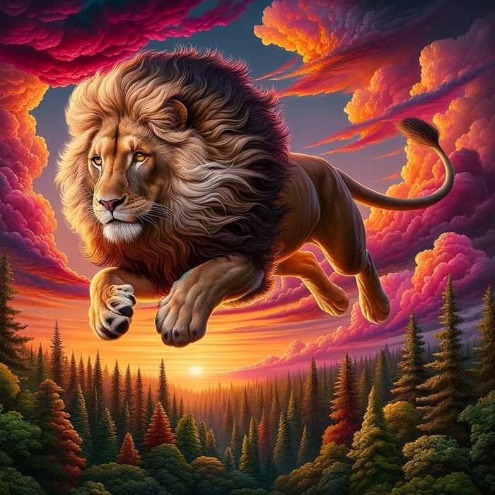 Majestic Lion Descends Gracefully Through Painted Sky | Forest Scene
