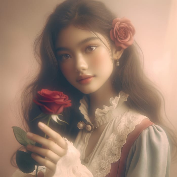 Romantic Vintage Scene: Young Girl with Red Rose in Dreamy Pastel Ambiance