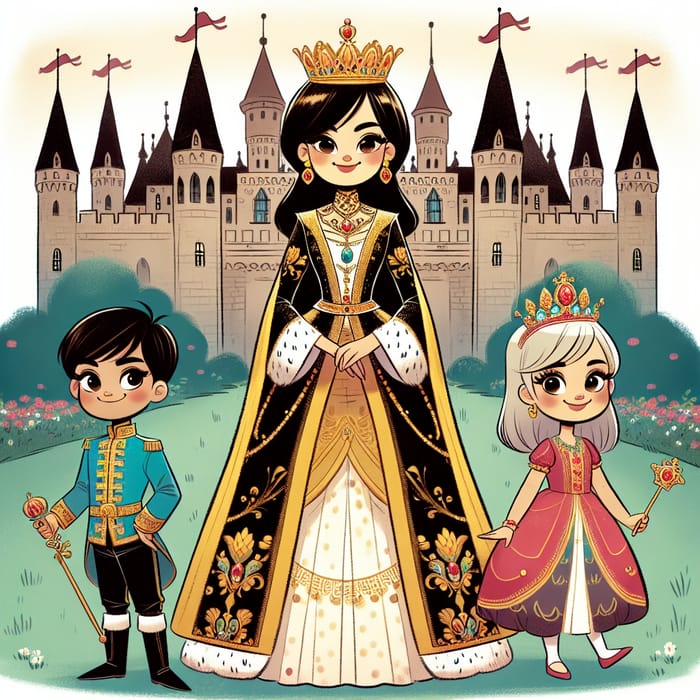Enchanting Cartoon Queen with Children in Front of Grand Castle