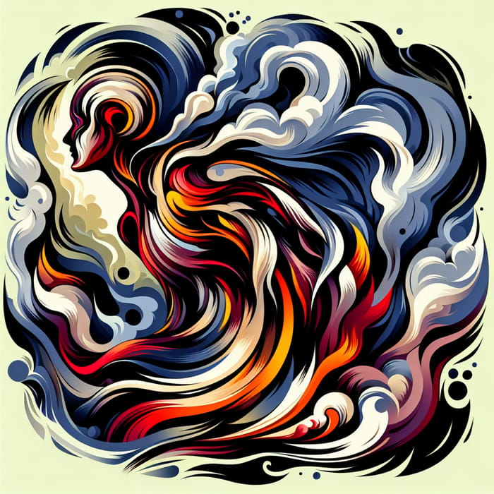 Enigmatic Figure in Swirling Smoke: Bold Colors & Distorted Proportions