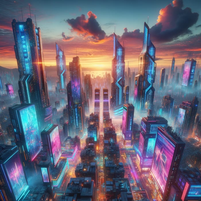 Futuristic Cyberpunk Cityscape at Sunset | Neon Lights & Holographic Billboards