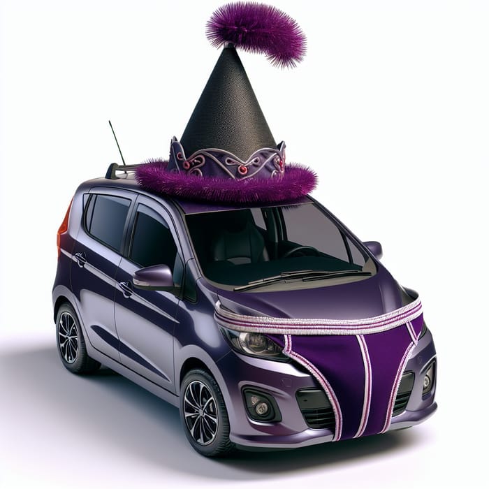 Unusual Car Adorned with Purple Party Hat and Underwear