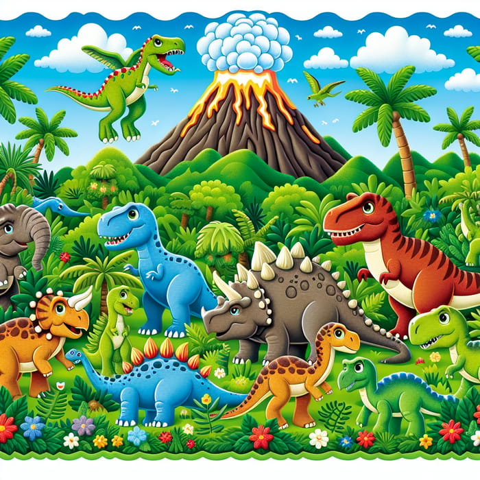 Colorful Dinosaur Cake Illustration: T-Rex, Triceratops, Brachiosaurus