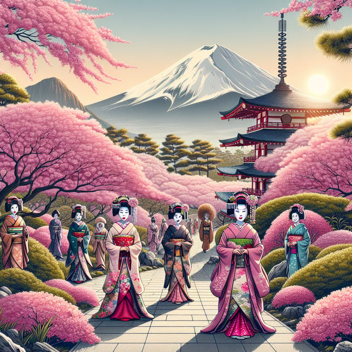 Stunning Japanese Garden with Cherry Blossoms, Geishas, and Mount Fuji View