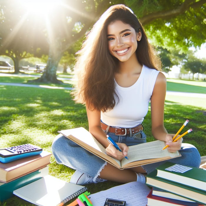 Happy Hispanic Female Student Studying Outdoors | Joyful Learner